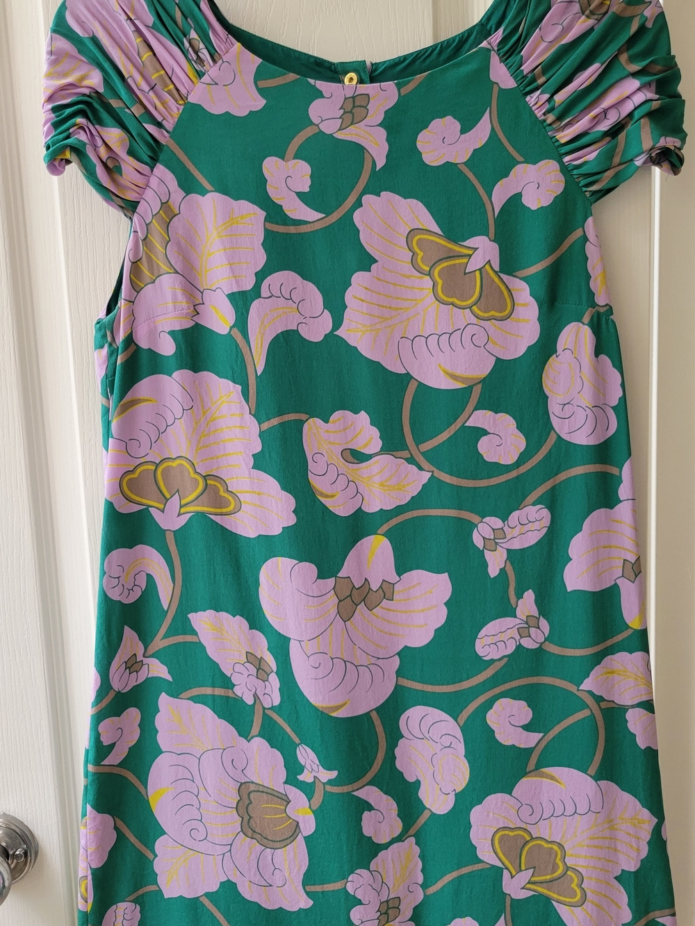 Tibi Green Mini Silk Dress with Lilac Floral Print